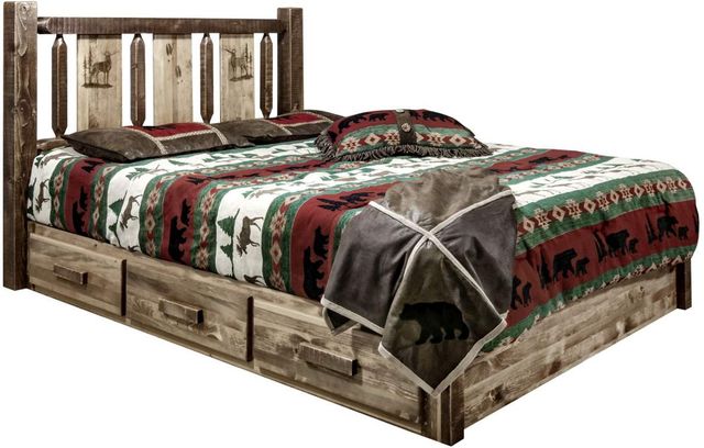 Montana Woodworks® Homestead Stain & Clear Lacquer Full Platform Storage Bed with Laser Engraved Elk Design-0
