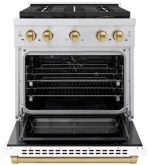 ZLINE Paramount 30" 4.2 cu. ft. Satin Stainless Steel with White Matte Door Paramount Dual Fuel Range with 4 Burner DuoPro™ Cooktop and Electric Convection Oven with Champagne Bronze Accents-1