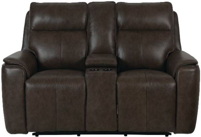 Bassett® Furniture Club Level Manteo Sable Leather Power Reclining Loveseat with Console-1
