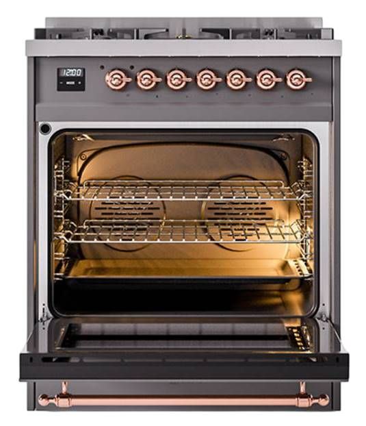 Ilve® Nostalgie II Noblesse 30'' Graphite Matte Pro Style Dual Fuel Range with Copper Trim-1