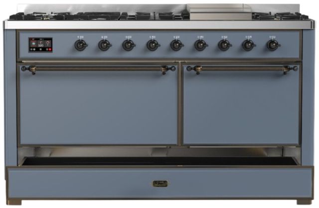 Ilve® Majestic III 60" Blue Gray Pro Style Dual Fuel Natural Gas Range with Solid Door and Burnished Trim-2