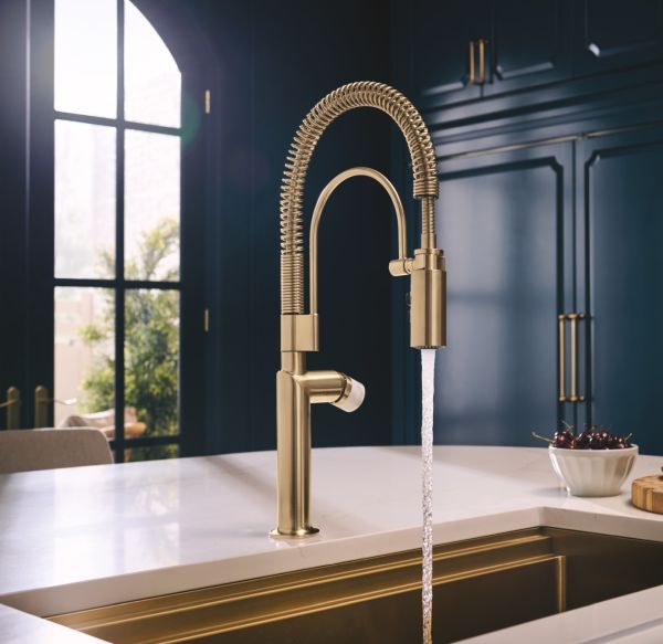 Brizo Odin® Brilliance® Luxe Gold® Kitchen Faucet White Marble Knob Handle Kit-2