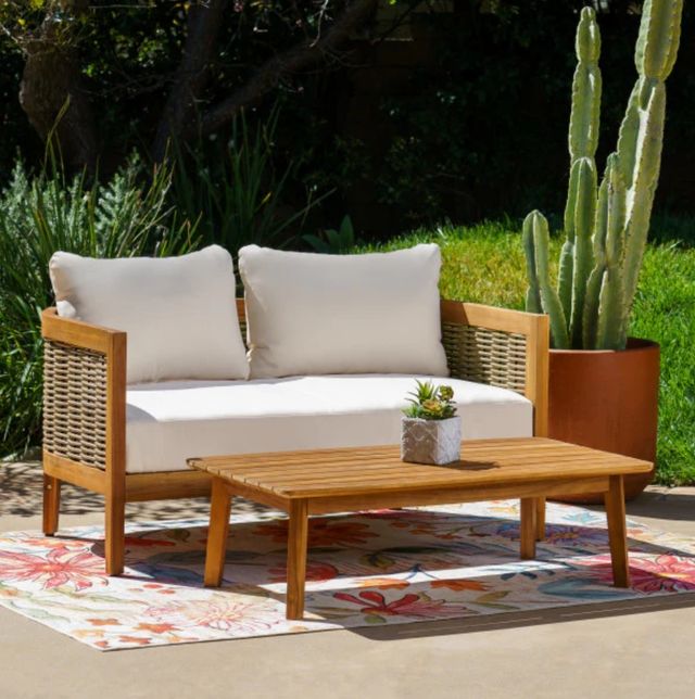 Linon St. Lucia 2-Piece Beige/Brown Acacia/Fabric Outdoor Conversation Set-1