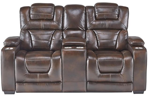 Corinthian Furniture Luke Chocolate Power Reclining Loveseat with Power Headrest and Console-0