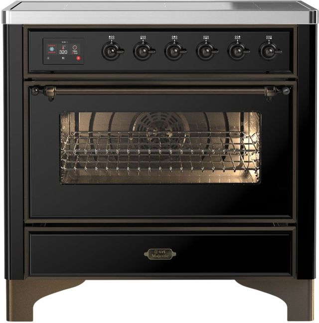 Ilve® Majestic III 36" Glossy Black Pro Style Induction Range with Triple Glass Door and Burnished Trim-0