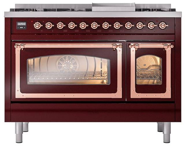 Ilve® Nostalgie II Noblesse 48'' Burgundy Pro Style Dual Fuel Range with Copper Trim-1
