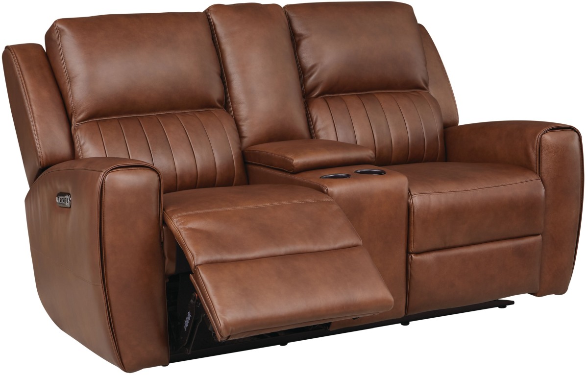 Bassett Furniture Aberdeen Chestnut Leather Loveseat with Power and Console