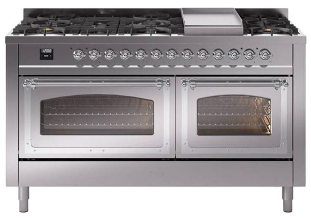 Ilve® Nostalgie II Noblesse 60'' Stainless Steel Pro Style Dual Fuel Range with Chrome Trim-0