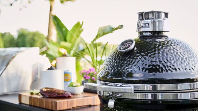 angled view of a Lynx Kamado grill smoker combo