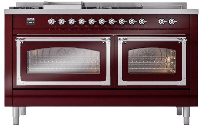 Ilve® Nostalgie II Noblesse 60'' Burgundy Pro Style Dual Fuel Range with Chrome Trim-1