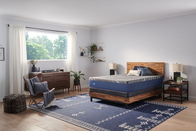 front view of a modern bedroom with a Sealy mattress