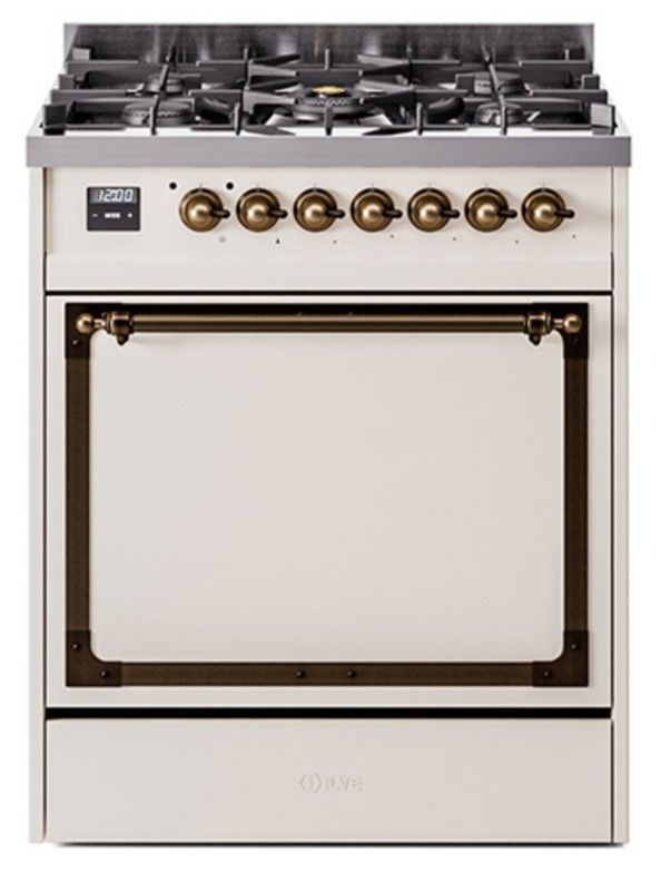 Ilve® Nostalgie II Noblesse 30'' Antique White Pro Style Dual Fuel Range with Burnished Trim-0