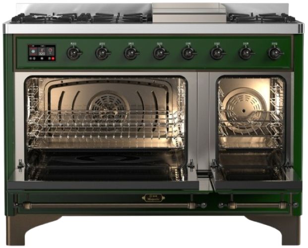Ilve® Majestic III 48" Emerald Green Pro Style Dual Fuel Natural Gas Range with Solid Door and Burnished Trim-1