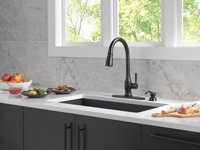 Delta Hazelwood® Matte Black Single Handle Kitchen Faucet with Soap Dispenser and ShieldSpray Technology-1