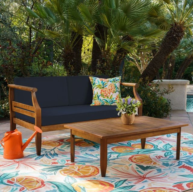 Linon Corolla 2-Piece Brown/Navy Acacia/Fabric Outdoor Conversation Set-1
