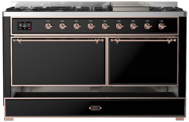 Ilve® Majestic III 60" Glossy Black Pro Style Dual Fuel Liquid Propane Range with Solid Door and Copper Trim-1