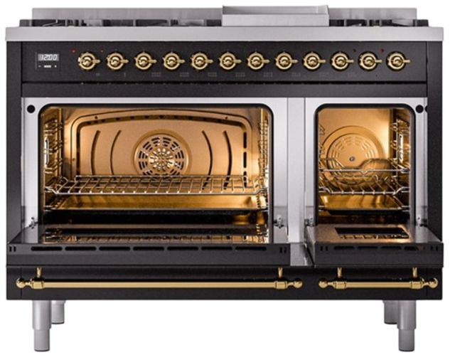 Ilve® Nostalgie II Noblesse 48'' Glossy Black Pro Style Dual Fuel Range with Brass Trim-1