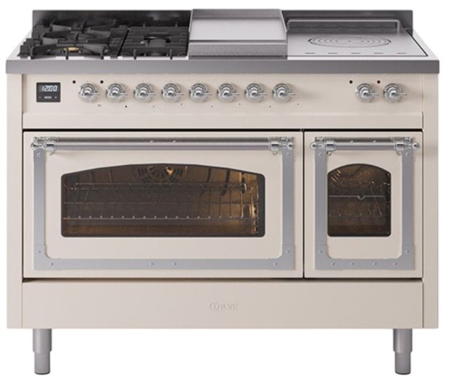 Ilve® Nostalgie II Noblesse 48'' Antique White Pro Style Dual Fuel Range with Chrome Trim-0