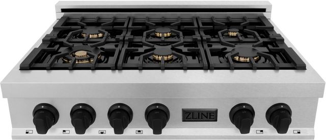ZLINE Autograph Edition Legacy 36" Satin Stainless Steel Gas Rangetop with 6 Burners, Porcelain Cooktop and Matte Black Accents-1