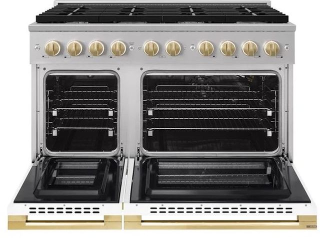ZLINE Marino 48" Stainless Steel Pro Style Gas Range with White Matte Door and Polished Gold Accents-1