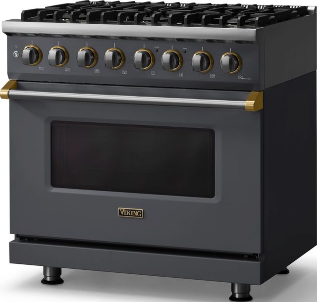 Viking® 5 Series 36" Cast Black Pro Style Dual Fuel (NG) Range with Brushed Brass Trim-3