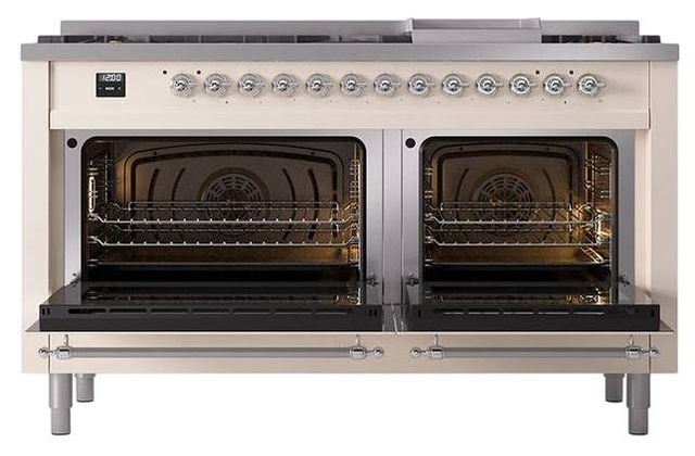 Ilve® Nostalgie II Noblesse 60'' Antique White Pro Style Dual Fuel Range with Chrome Trim-2