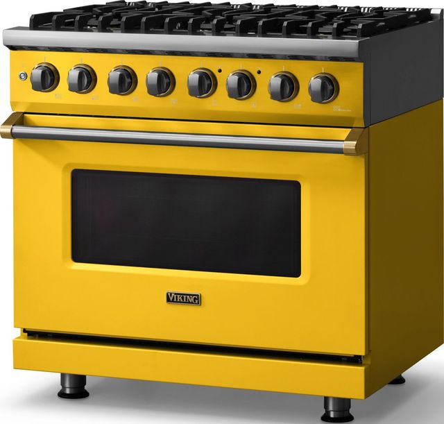 Viking® 5 Series 36" Daffodil Pro Style Dual Fuel (LP) Range with Brushed Brass Trim-3