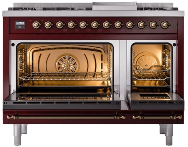 Ilve® Nostalgie II Noblesse 48'' Burgundy Pro Style Dual Fuel Range with Burnished Trim-1