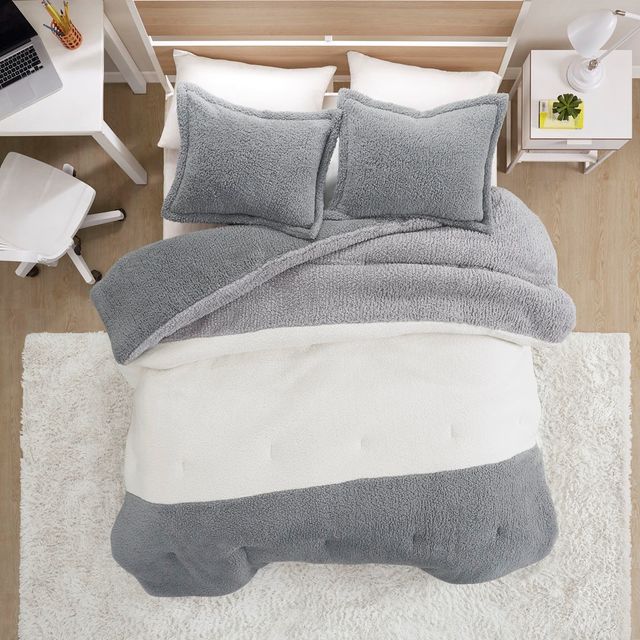 Olliix by Intelligent Design Arlow Grey/Ivory Twin/Twin XL Color Block Overfilled Sherpa Comforter Set-3