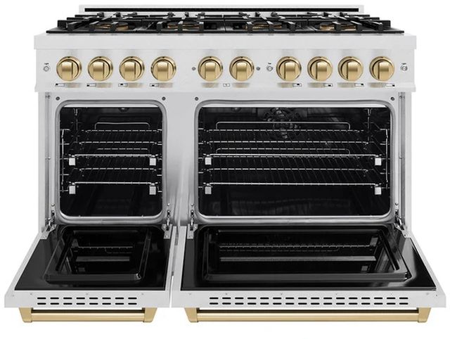 ZLINE Autograph Edition 48" 6.7 cu. ft. Dual Fuel Range with 8 Burner DuoPro™ Cooktop and Dual Ovens in Satin Stainless Steel and Champagne Bronze Accents -1