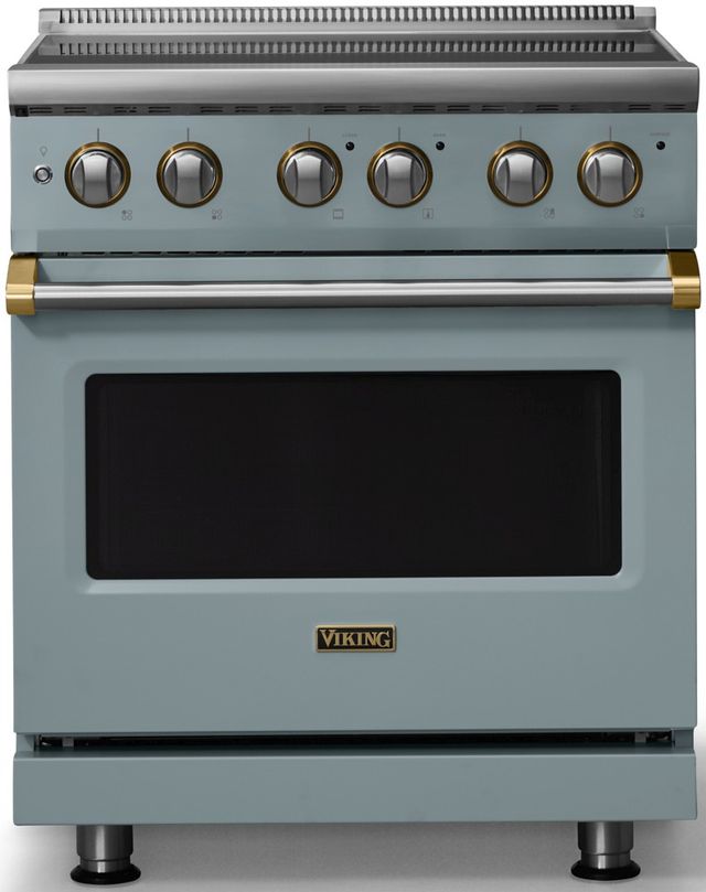 Viking® 5 Series 30" Novembery Sky Pro Style Electric Range with Brushed Brass Trim-0