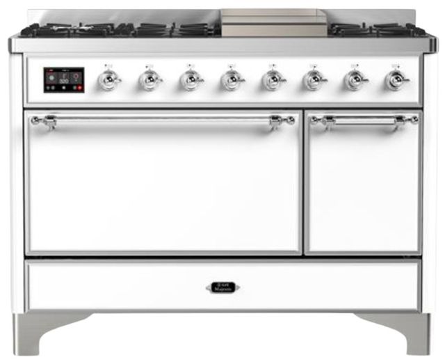 Ilve® Majestic III 48" White Pro Style Dual Fuel Liquid Propane Range with Solid Door and Chrome Trim-0