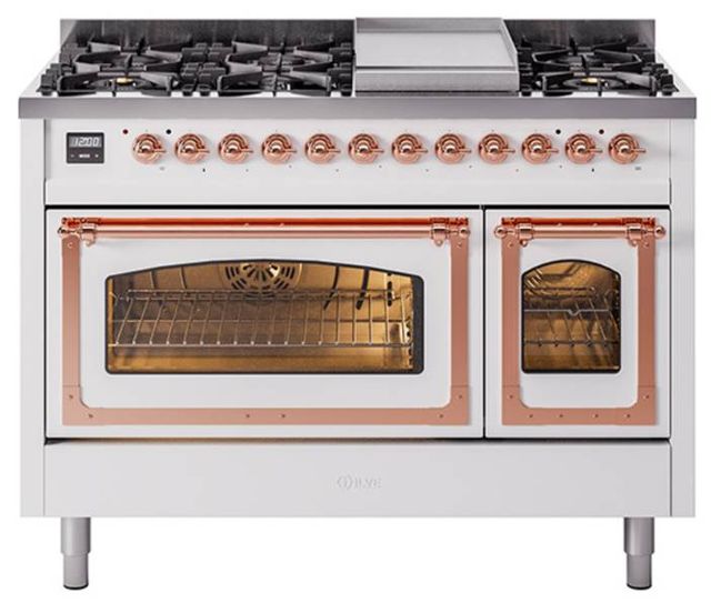 Ilve® Nostalgie II Noblesse 48'' White Pro Style Dual Fuel Range with Copper Trim-0