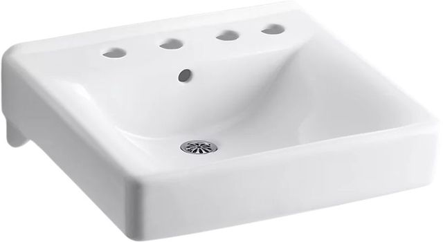 KOHLER® Soho® White Wall-Mount Concealed Arm Carrier Bathroom Sink with 8" Widespread Faucet Holes and Right-Hand Soap Dispenser Hole-0
