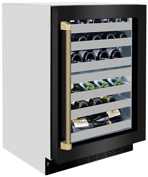 ZLINE Autograph Edition Touchstone 24 " 4.8 Cu. Ft. Black Stainless Steel Dual Zone 44 Bottle Wine Cooler with Glass Door and Champagne Bronze Helix Handle -3