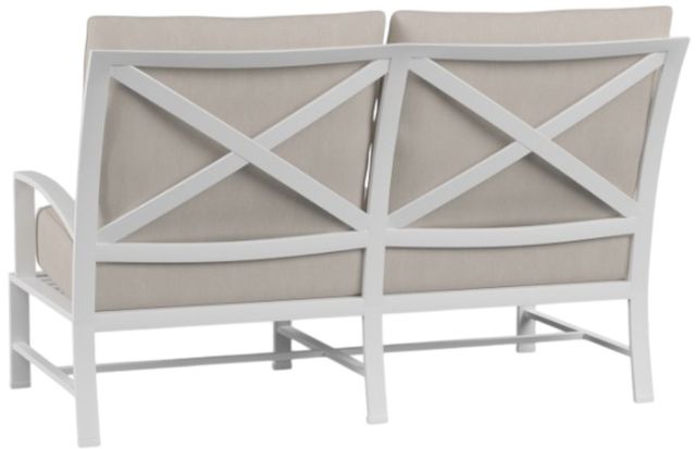 Sunset West Bristol Satin White Aluminum Outdoor Loveseat with Canvas Flax Cushion-2