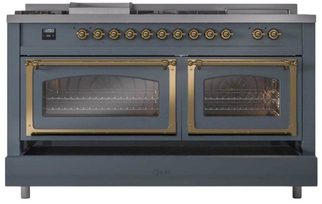 Ilve® Nostalgie II Noblesse 60'' Blue Gray Pro Style Dual Fuel Range with Brass Trim-3