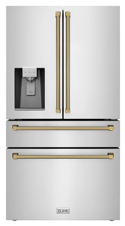 ZLINE Autograph Edition 36 in. 21.6 cu. ft. Counter-Depth French Door Refrigerator with Water and Ice Dispenser in Fingerprint-Resistant Stainless Steel with Polished Gold Helix Handles (RFMZ-W-36-KG)