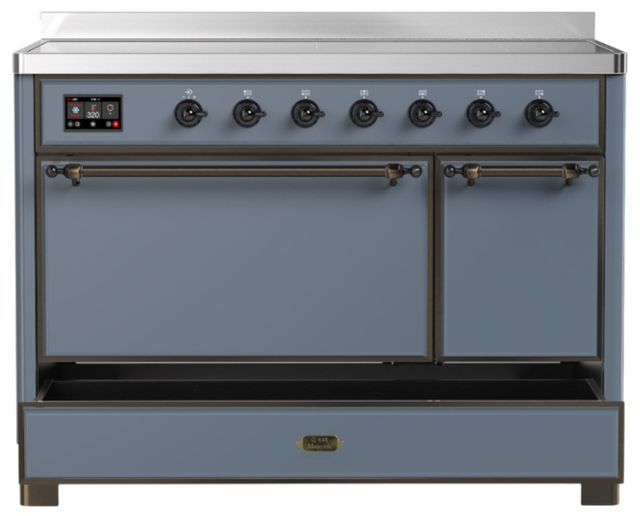 Ilve® Majestic III 48" Blue Gray Pro Style Induction Range with Solid Door and Burnished Trim-2