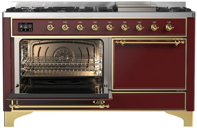 Ilve® Majestic III 60" Burgundy Pro Style Dual Fuel Natural Gas Range with Solid Door and Brass Trim-2