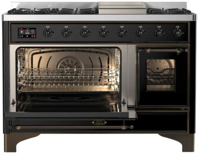 Ilve® Majestic III 48" Glossy Black Pro Style Dual Fuel Liquid Propane Range with Triple Glass Door and Burnished Trim-3