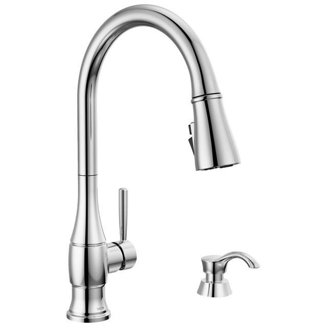 Delta Hazelwood® Chrome Single Handle Kitchen Faucet with Soap Dispenser and ShieldSpray Technology-0