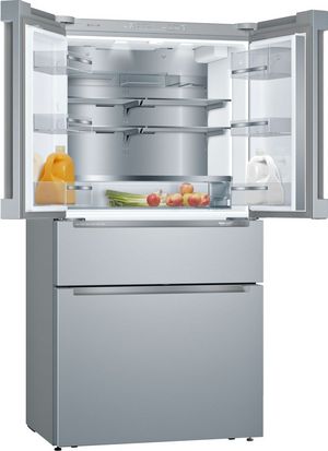Front view of the opened Bosch® 800 Series 36 in. 20.5 Cu. Ft. Stainless Steel Counter Depth French Door Refrigerator