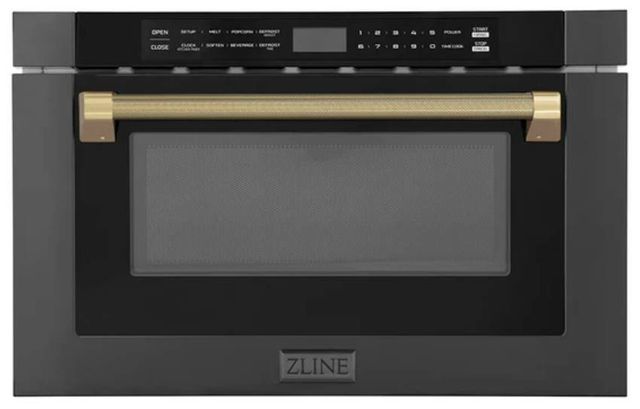 ZLINE Autograph Edition 24" 1.2 Cu. Ft. Black Stainless Steel Built-in Microwave Drawer with Champagne Bronze Helix Handle-0