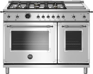 front view of the Bertazzoni Heritage Series 48" Stainless Steel Freestanding Dual Fuel Range