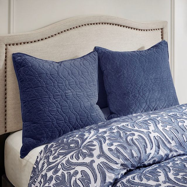 Olliix by Madison Park Signature Maison Blue King/California King Cotton Clip Jacquard Damask Comforter Set-4