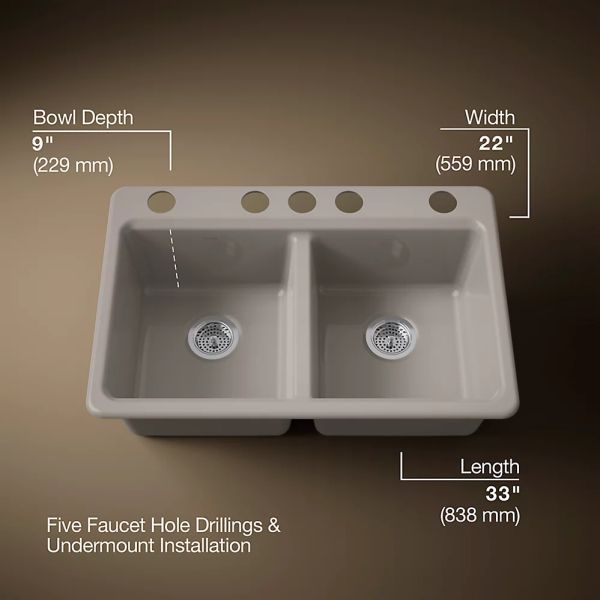 KOHLER® Riverby® Truffle 33" Undermount Double-Equal Bowl Workstation Kitchen Sink-3