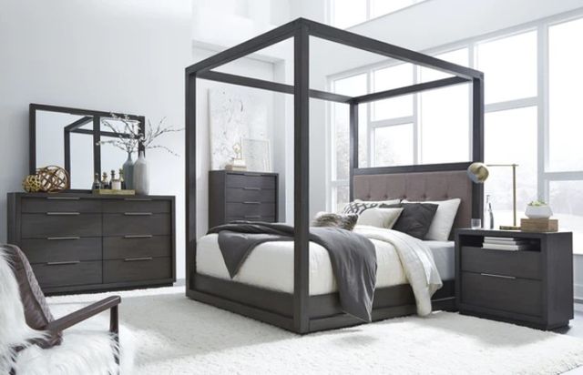 Modus Furniture Oxford Basalt Gray/Dolphin California King Upholstered Canopy Bed-1
