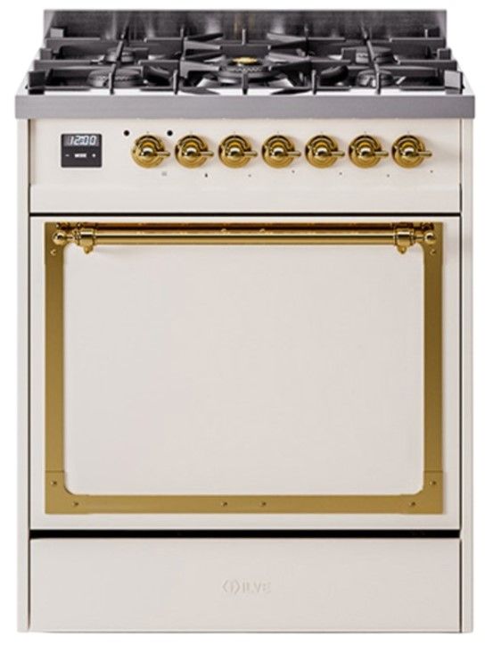 Ilve® Nostalgie II Noblesse 30'' Antique White Pro Style Dual Fuel Range with Brass Trim-0