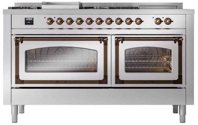 Ilve® Nostalgie II Noblesse 60'' Stainless Steel Pro Style Dual Fuel Range with Burnished Trim-1